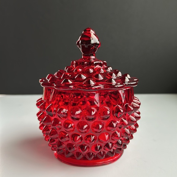 FENTON Ruby Red Hobnail Glass Candy Dish Vanity Jar & Lid PRISTINE - Picture 11 of 12